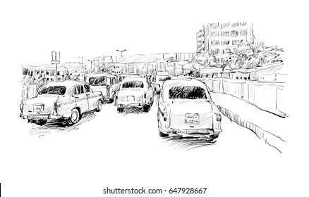 Sketch Of Cityscape In India Show Kolkata Street On Trafic Jam, Illustration Vector