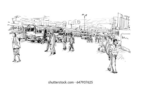 Sketch Of Cityscape In India Show Kolkata Street On Trafic Jam, Illustration Vector
