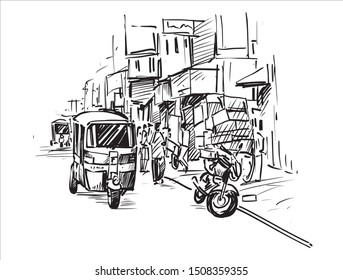 Sketch of cityscape in India, show rickshaw motor are riding pass local market, hand draw