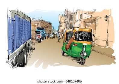 Sketch of cityscape in India show transportation Moto Rickshaw, illustration vector