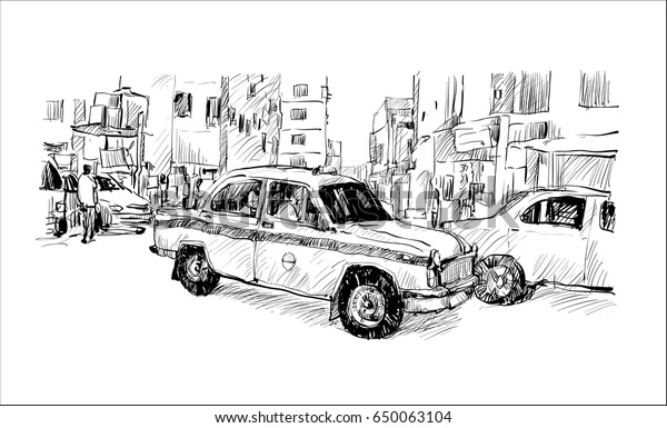 sketch of cityscape in India show\
transportation local taxi on street, illustration\
vector