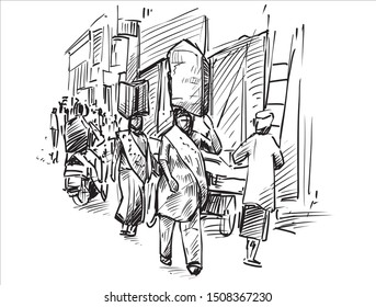 sketch of cityscape in India, show two woman ware sari are walking pass local market, hand draw