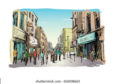sketch of cityscape in Ireland show walk street Dublin Grafton and peoples walking, illustration vector