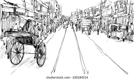 Sketch of cityscape in Kolkata, India, show transportation and peoples