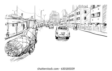 Sketch of cityscape in Kolkata, India, show transportation and peoples