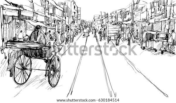 Sketch of cityscape in Kolkata, India, show\
transportation and\
peoples