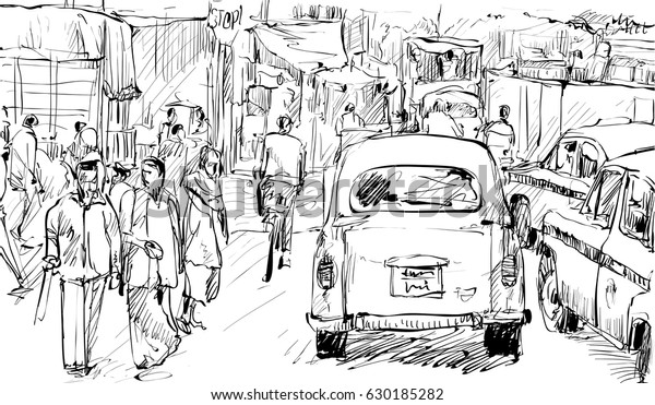 Sketch of cityscape in Kolkata, India, show
transportation and
peoples