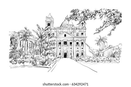 sketch of cityscape in Kolkata, India, showing church and garden, illustration