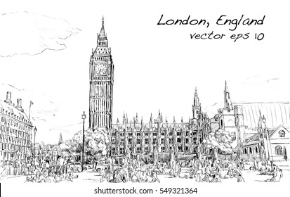 Sketch Cityscape of London The Big Ben and houses of parliament with peoples at public space, illustration 