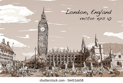 Sketch Cityscape of London The Big Ben and houses of parliament with peoples at public space in Sepia tone, illustration vector