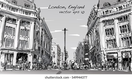 sketch cityscape of London, England, show peoples walk street and shopping center, illustration vector