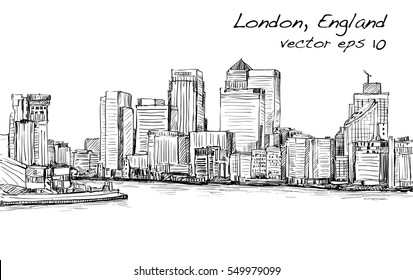 Sketch Cityscape Of London, England, Show Skyline And Buildings Along Thames River, Illustration Vector