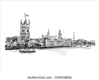Sketch of cityscape in London, show the old building along the river, hand draw
