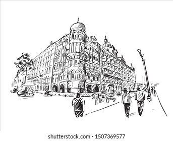 sketch of cityscape in Mumbai, India, show people are walking on the street along the old building, hand draw