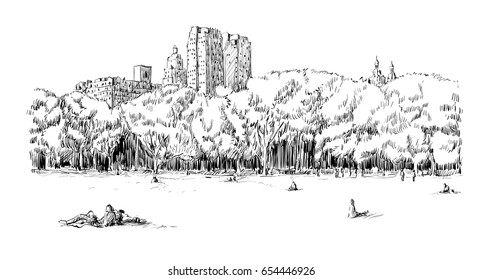 sketch of cityscape in New York city show central park field and people, illustration vector
 svg