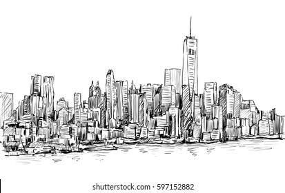 Sketch of cityscape in New York show Manhattan midtown with skyscrapers, illustration vector