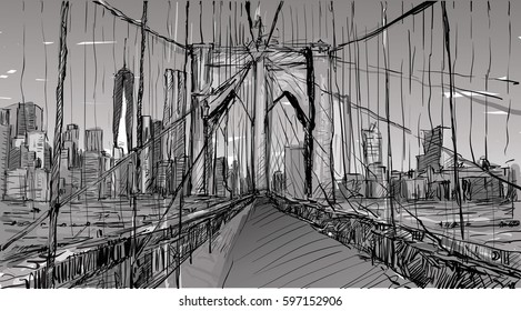 sketch of cityscape in New York show Brooklyn Bridge and building, illustration vector