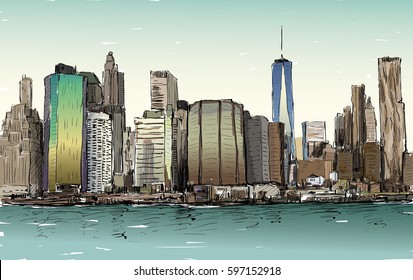 Sketch of cityscape in New York show Manhattan midtown with skyscrapers, illustration vector