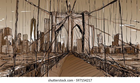 sketch of cityscape in New York show Brooklyn Bridge and building, illustration vector