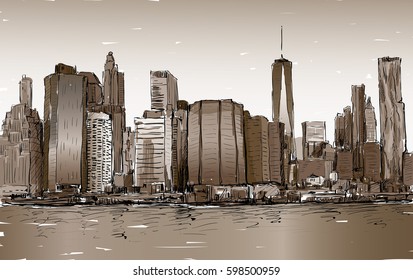 Sketch of cityscape in New York show Manhattan midtown with skyscrapers, illustration vector