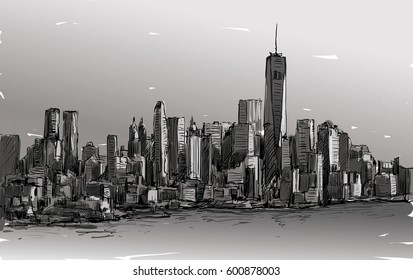 Sketch of cityscape in New York show Manhattan midtown with skyscrapers, illustration vector