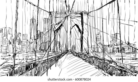 sketch of cityscape in New York show Brooklyn Bridge and building, illustration