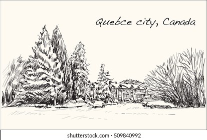sketch cityscape of Quebec, Canada show snow and houses view, free hand draw illustration vector