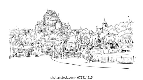 sketch of cityscape in Quebec, Canada, show old castle The Chateau Frontenac and downtown, illustration vector