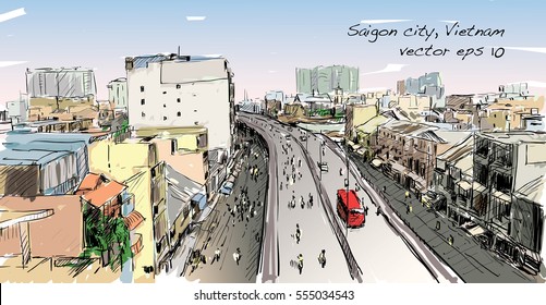 Sketch cityscape of Saigon city ( Ho Chi Minh ) Vietnam show skyline and building, illustration vector