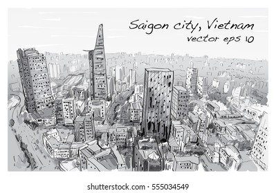 Sketch cityscape of Saigon city ( Ho Chi Minh ) Vietnam show skyline and building, illustration vector