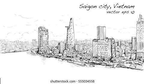 Sketch cityscape Saigon city ( Ho Chi Minh ) Vietnam show skyline   building  illustration vector