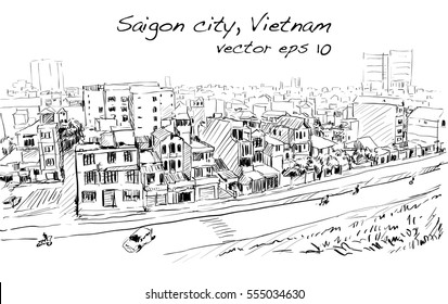 Sketch cityscape of Saigon city ( Ho Chi Minh ) Vietnam show skyline and building, illustration vector