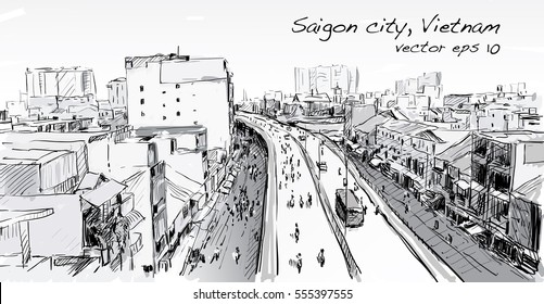 Sketch cityscape of Saigon city ( Ho Chi Mihn ) Vietnam show skyline and building, illustration vector