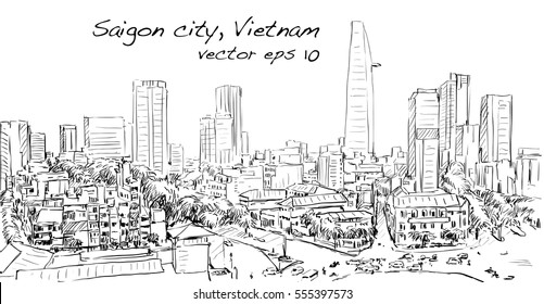 Sketch cityscape Saigon city (Ho Chi Minh) show building capital in town  illustration vector