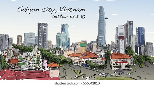Sketch cityscape Saigon city (Ho Chi Minh) show building capital in town  illustration vector