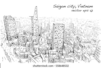 Sketch cityscape Saigon city ( Ho Chi Mihn ) Vietnam show skyline   building  illustration vector