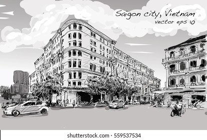 Sketch cityscape of Saigon city (Ho Chi Minh) show Union Square and Hotel Continental- modern and classic building, illustration vector