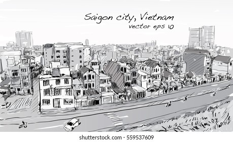 Sketch cityscape of Saigon city ( Ho Chi Mihn ) Vietnam show skyline and building, illustration vector