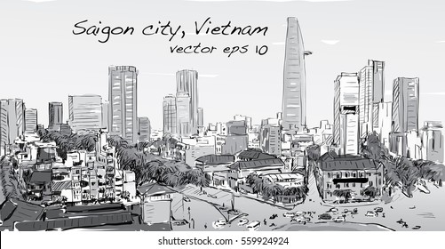 Sketch cityscape of Saigon city (Ho Chi Minh) show building capital in town, illustration vector