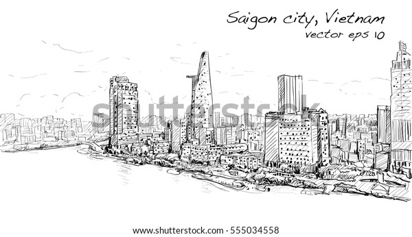 Sketch cityscape of Saigon\
city ( Ho Chi Minh ) Vietnam show skyline and building,\
illustration vector