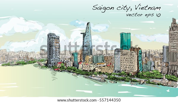 Sketch cityscape of Saigon\
city ( Ho Chi Mihn ) Vietnam show skyline and building,\
illustration vector