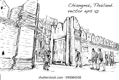 sketch of cityscape show aisa heritage Tha Phae gaet in Chiangmai Thailand, illustration vector