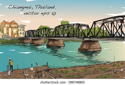 Sketch of cityscape show iron bridge in Chiangmai Thailand, illustration vector