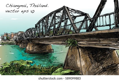 Sketch of cityscape show iron bridge in Chiangmai Thailand, illustration vector