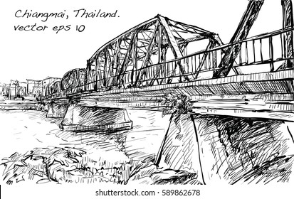 Sketch of cityscape show iron bridge in Chiangmai Thailand, illustration vector