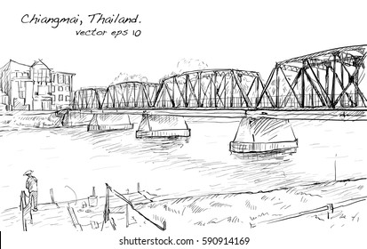 Sketch of cityscape show iron bridge in Chiangmai Thailand, illustration vector