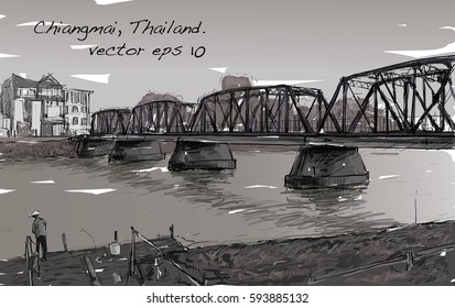 Sketch of cityscape show iron bridge in Chiangmai Thailand, illustration vector