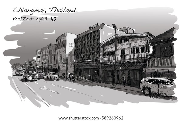 Sketch of cityscape show street and\
building in Chiangmai, Thailand, illustration\
vector