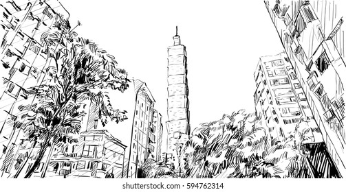 sketch of cityscape show urban street view in Taiwan, Taipei building, illustration vector