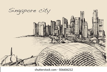 sketch cityscape of Singapore skyline, free hand draw illustration vector